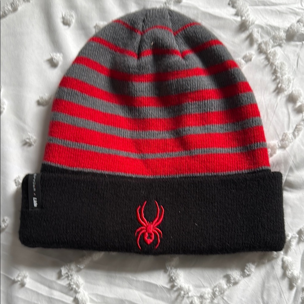 Spyder Men's Red and Gray Striped Beanie